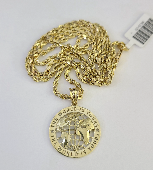10k 2.5mm Rope Chain World is Yours Pendant 18"28" Gold Set Charm Necklace