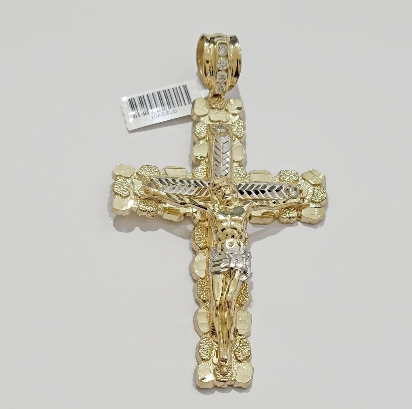 10k Yellow Gold Jesus Cross Charm pendant 4" Inch Mens With Stone Christmas Sale