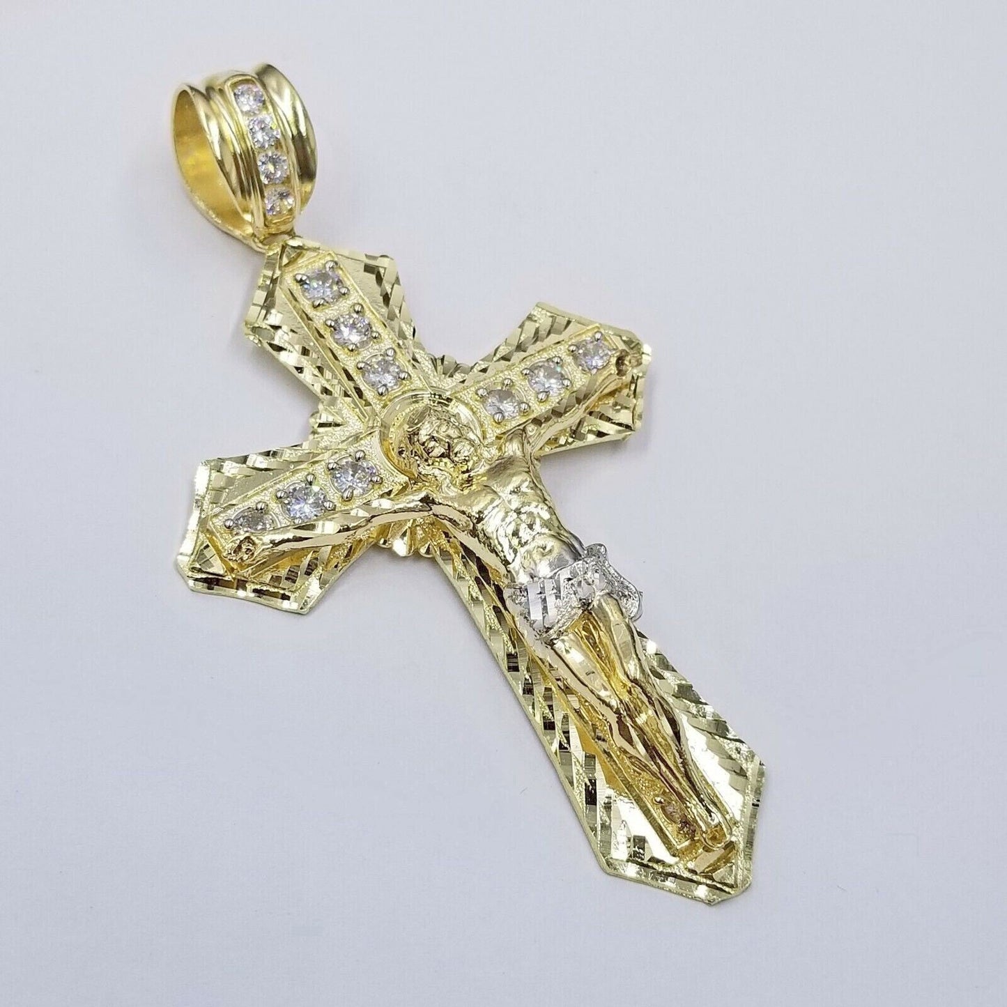 Real 10k Yellow Gold Jesus Cross Charm pendant 3.75" With cubic Zirconia for Men
