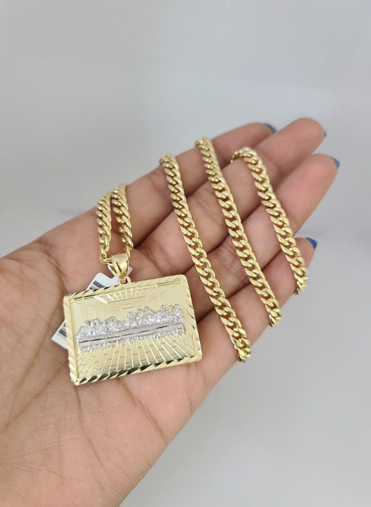 10kt Gold Miami Cuban Chain Last Supper Charm Pendant 5mm 18-28 Inch Necklace