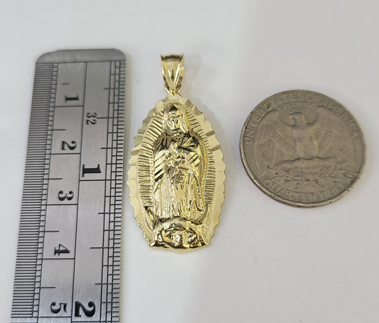 10k Gold Chain Miami Cuban Virgin Mary Charm Pendant Set 3mm 18"-28" Necklace