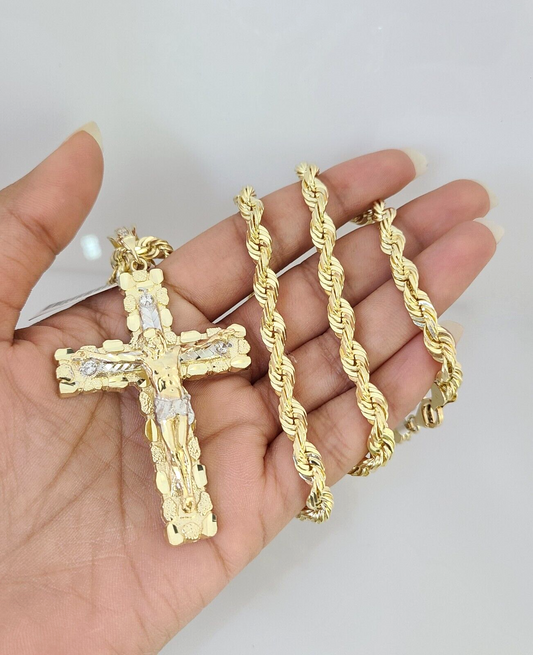 10kt Gold Solid Rope Chain Nugget Cross Charm Set 18"-30'' Inch 6mm Pendant