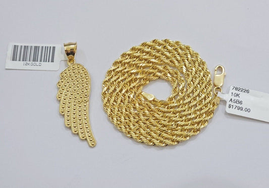 10k Gold Rope Chain Angel Wing Charm Pendant Set 22" Inch 3mm Necklace REAL SALE