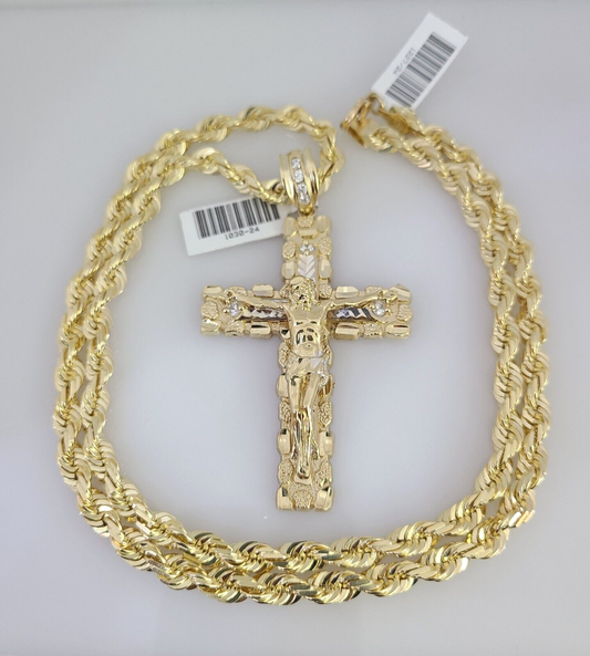REAL 10k Gold Solid Rope Necklace 6mm Nugget Cross Pendant SET Chain 20"-30''