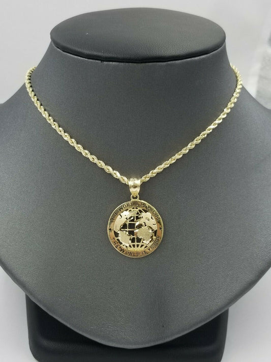 10k Gold Men Globe Diamond Cut Pendant 2.5mm Rope Chain 18 20 22 24 26 28 Inch