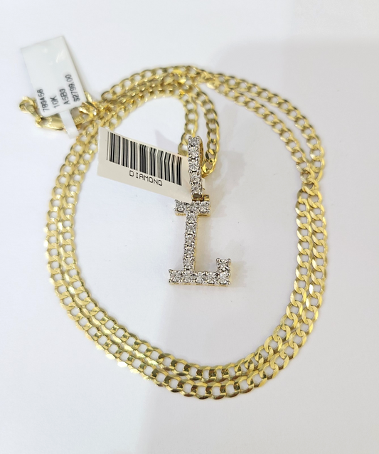 10k Gold Chain Necklace Cuban Curb L Diamond Initial Pendant Set 3mm 20"-30"