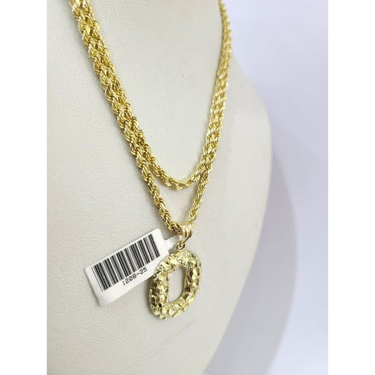 Real 10k Rope Chain O Initial Charm 3mm 18"-28" Necklace Nugget Set Pendant Gold