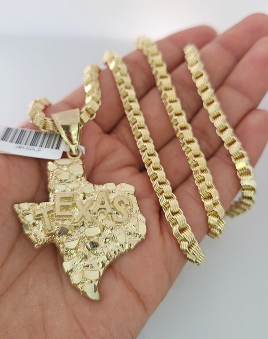 Real 10k Gold Byzantine Necklace Texas Map Charm SET Chain 20"-30" 4mm