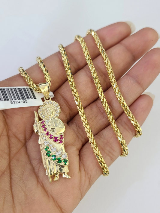 10k Palm Chain Saint Jude Charm Pendant 3mm Set 18"-26" in Necklace