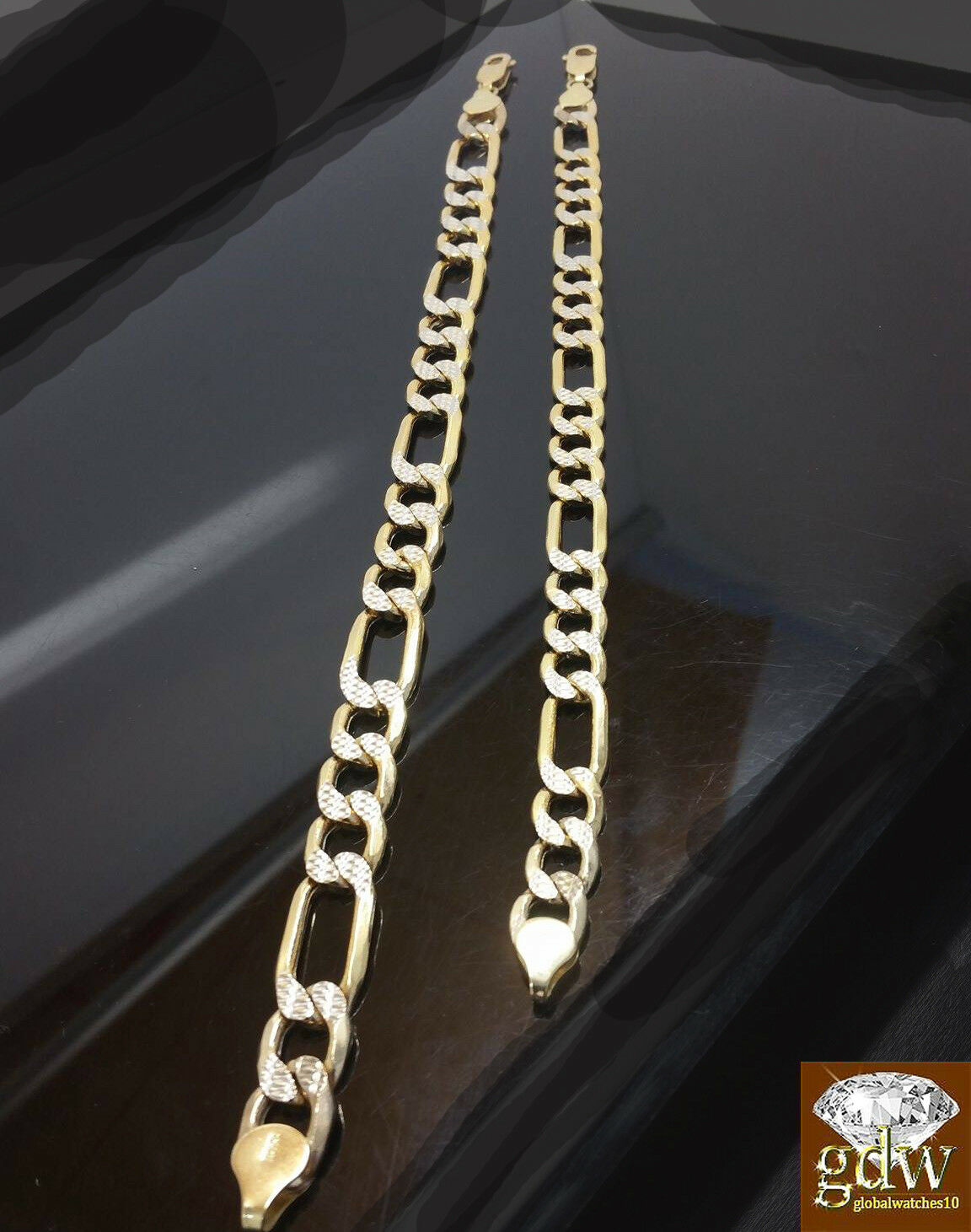 10k Yellow Gold Diamond Cuts Men's Cuban Figaro Link Bracelet, 8Inches, 9Inches