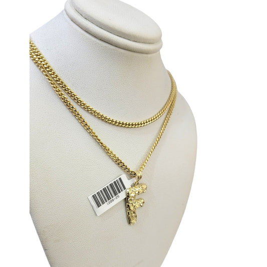 Real Gold 10k Miami Cuban Link Chain F Initial Charm 2.5mm Pendant SET Necklace