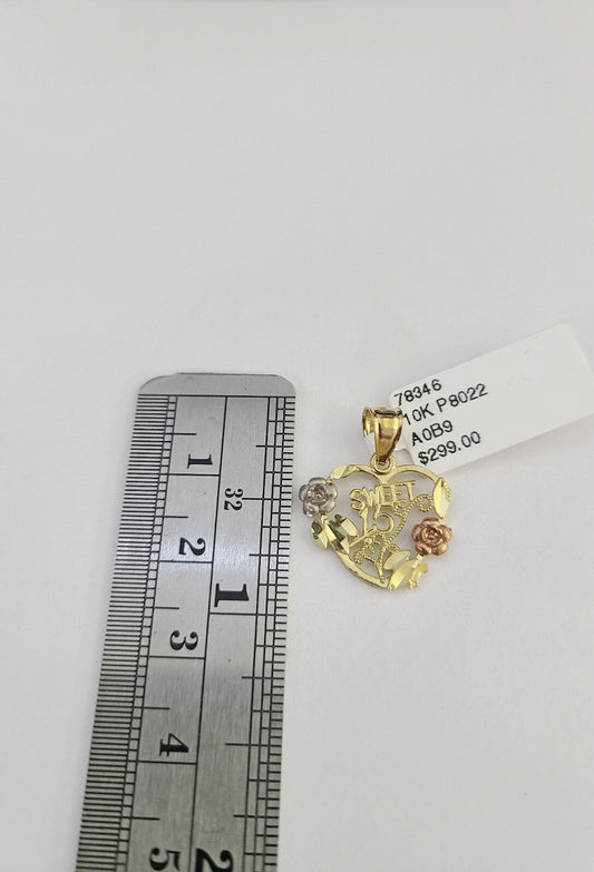 10k Sweet 15 Charm Trio Pendant Rose Yellow White Gold Women REAL