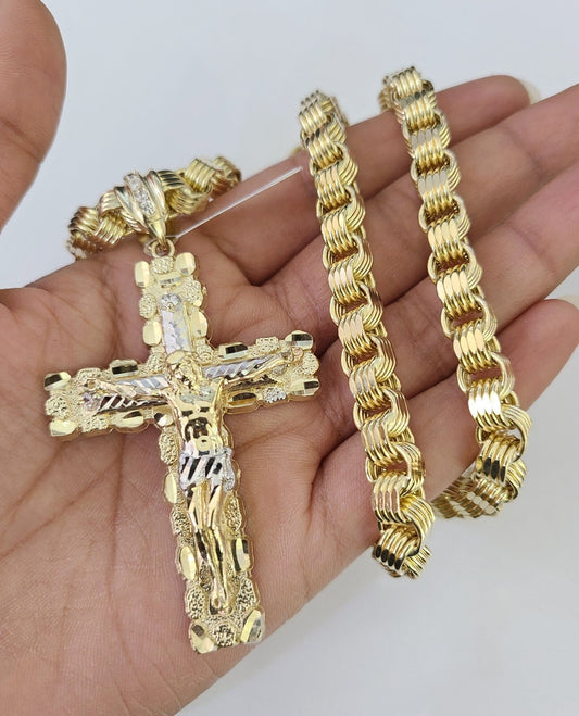 10k Gold Byzantine Chain Necklace Nugget Cross Pendant Charm SET 20"-30" 7.5mm