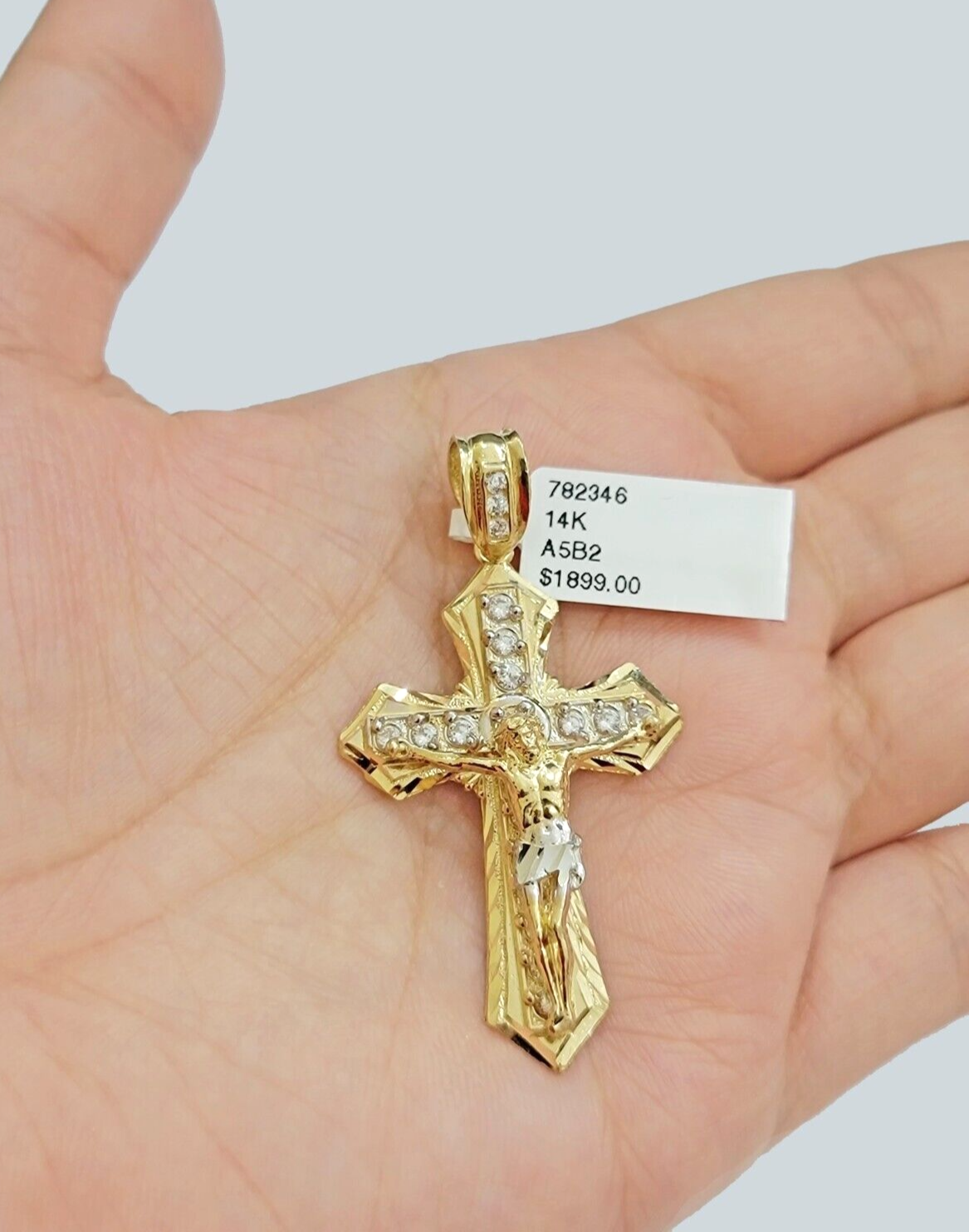 14k Yellow Gold Cross Jesus Crucifix Pendant 2 Inch 14kt CZ Charm Mens REAL 14kt