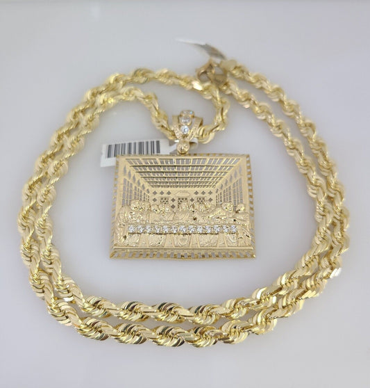 REAL 10k Gold Solid Rope Necklace 6mm Last Supper Pendant SET Chain 20"-30''