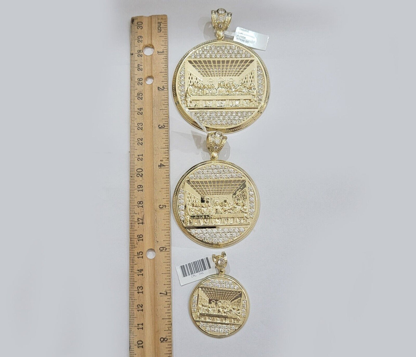 Real 10k Gold Pendant Charm Last Supper Jesus 10kt Yellow Gold With Stones , New