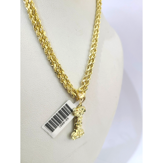 Real 10k Rope Chain Necklace Nugget I Initial Charm Set 3mm 18"-28" Pendant Gold