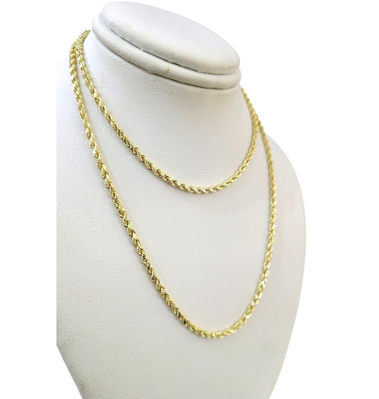 10K Yellow Gold Rope Chain Necklace 2mm 22 Inch REAL 10kt Diamond Cuts Womens