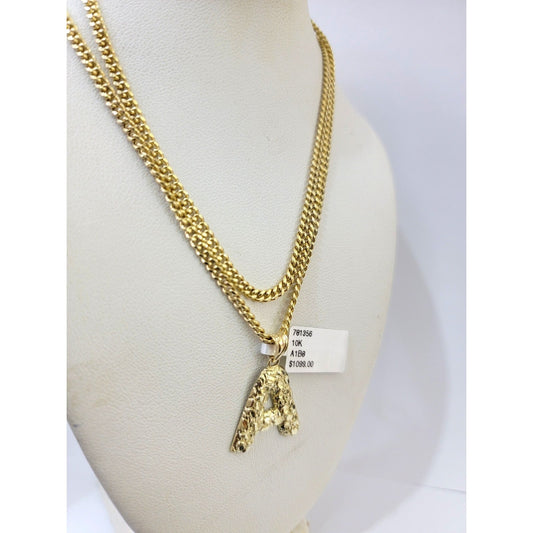 Real Gold 10k Chain Pendant SET A Initial Charm Miami Cuban Link Necklace 2.5mm