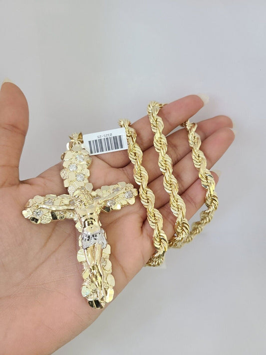 10kt Gold Solid Rope Chain Nugget Cross Charm Set 18"-30'' Inch 7mm Pendant