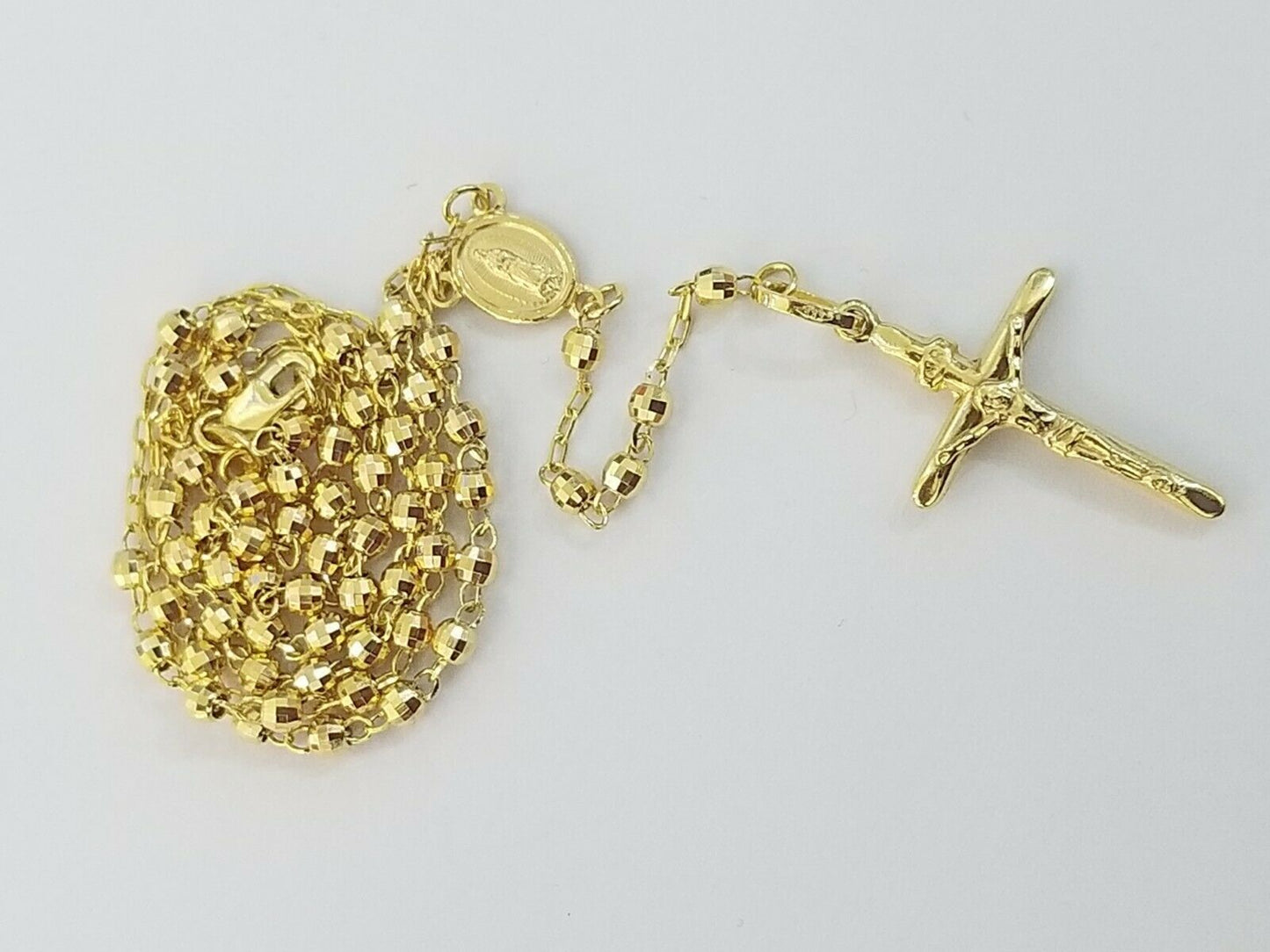 Real 14k Yellow Gold Rosary Necklace Women 16" Jesus Crucifix Diamond Cut Solid