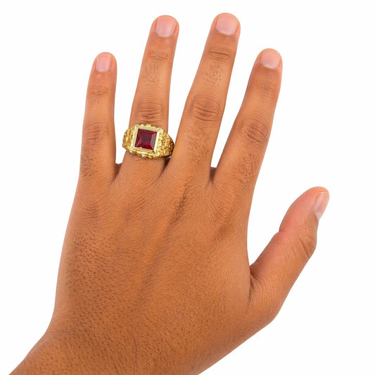 10K Real Gold Red CZ Square Ring Mens Signet Pinky Bold Statement Ring
