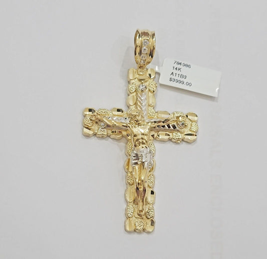 14k Yellow Gold Cross Nugget Pendant Jesus Crucifix 3 Inch 14kt Gold Men's REAL