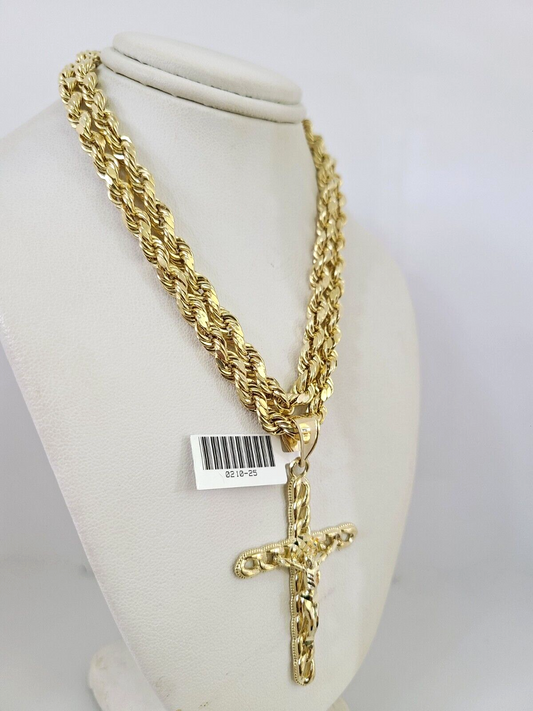 10kt Gold Rope Chain Jesus Cross Charm Set 18"-30'' Inch 6mm Necklace Pendant
