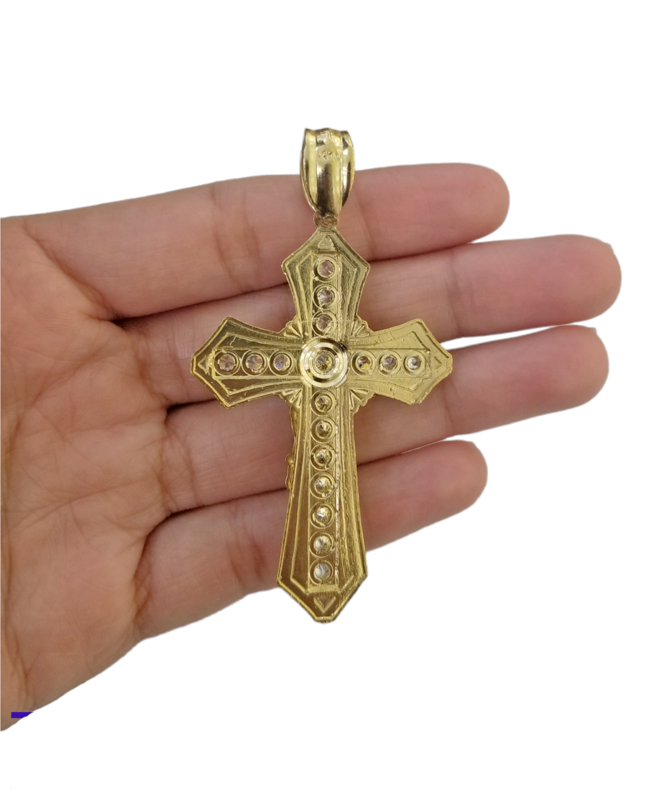 Real 10k Yellow Gold Jesus Cross Charm pendant 3.75" With cubic Zirconia for Men