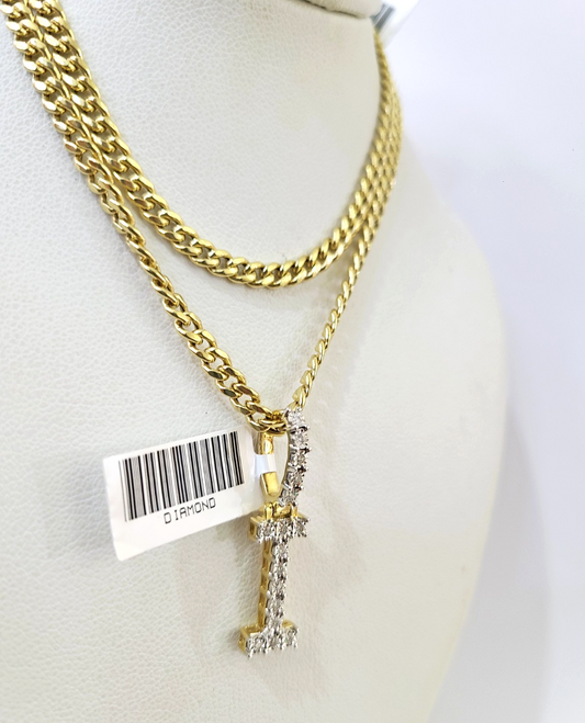 10K Gold Miami Cuban Chain I Diamond Initial 20"-28" 3mm Pendant Necklace SET