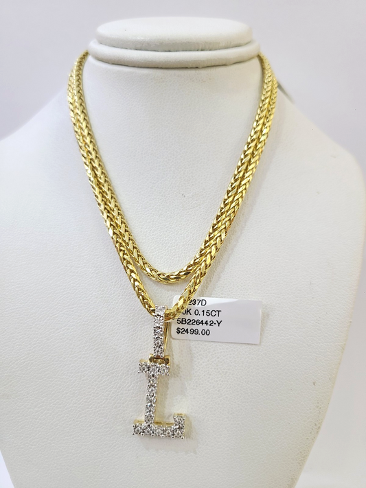 REAL 10k Yellow Gold Palm Chain L Diamond Initial Pendant Charm 3mm SET Necklace