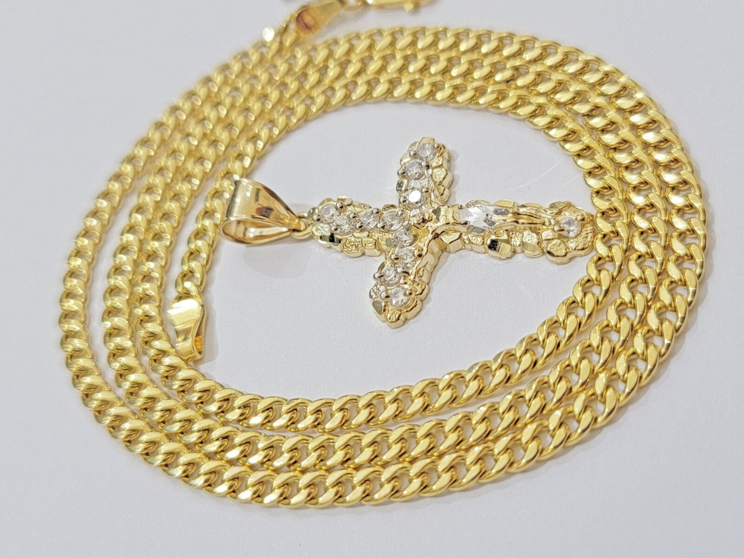 Real 10k Gold Cross Charm pendant & Miami Cuban Link Chain Necklace 4mm 22" Mens
