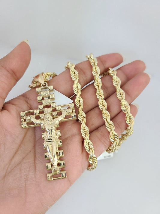 10kt Gold Solid Rope Chain Jesus Cross Charm Set 18"-30'' Inch 6mm Pendant