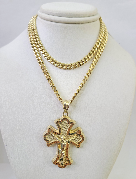 10k Gold Jesus Crucifix Cross Charm Miami Cuban Chain 5mm 18"-28" Necklace