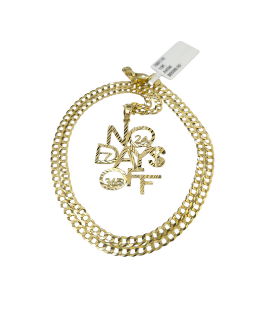 10k Gold Cuban Curb 3mm Chain Necklace No Days Off Charm Pendant 18"-28" Set