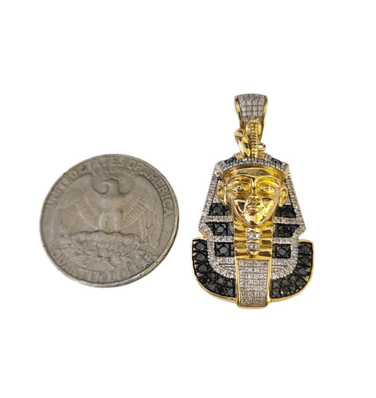 Real 10k Yellow Gold Pharoah Head Charm Pendant Black White Diamonds Men's