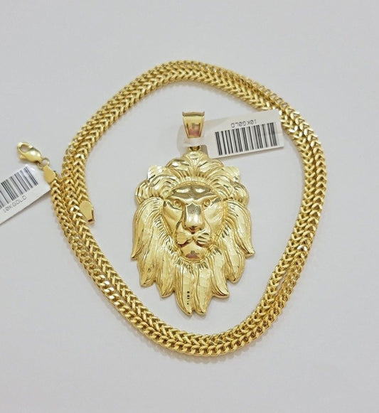 10k Yellow Gold Franco Chain Necklace Lion Charm Pendant 3mm 18"-26" Inches SALE