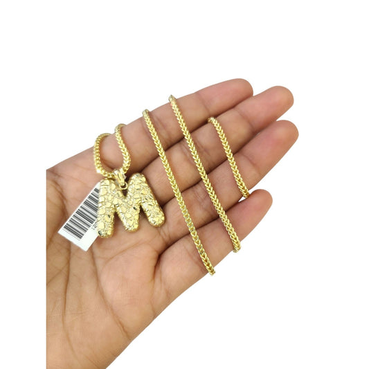 Real 10k Gold Franco Chain 2.5mm 16"-26" M Initial Charm Pendant Necklace SET