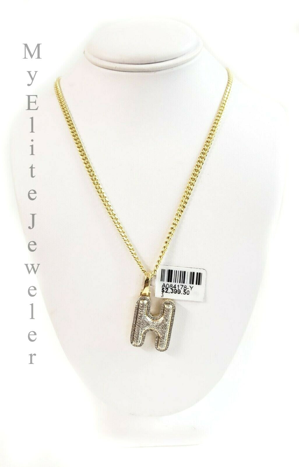 10K Gold Chain Initial H Charm Alphabet Pendant Solid 0.46 CT Diamond Men Ladies