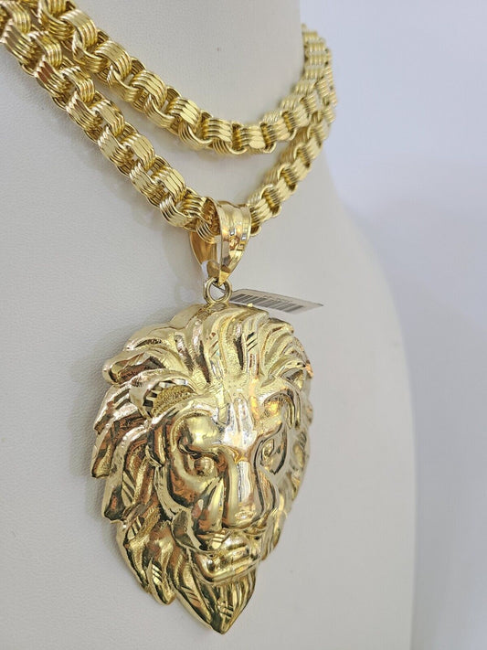 10k Gold Byzantine Chain Necklace Roaring Lion Pendant Charm SET 20"-30" 7.5mm