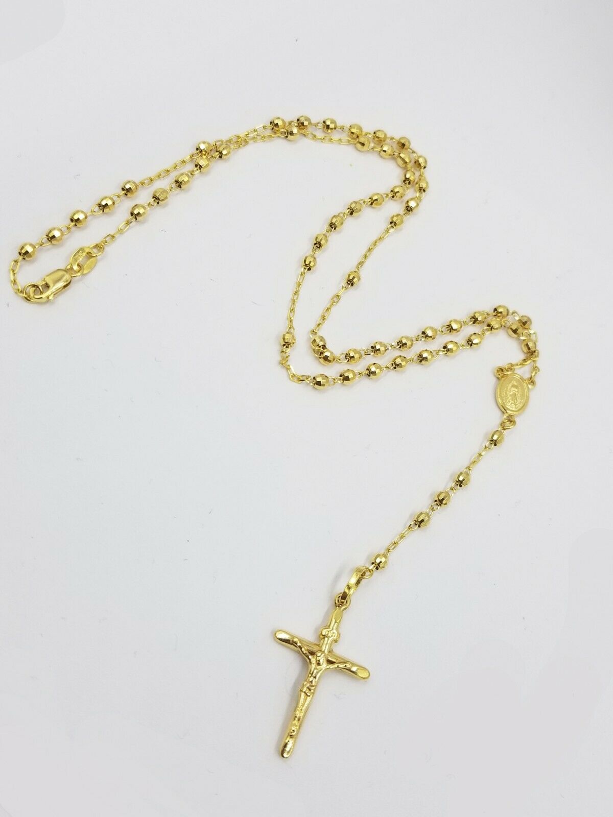 Real 14k Yellow Gold Rosary Necklace Women 16" Jesus Crucifix Diamond Cut Solid