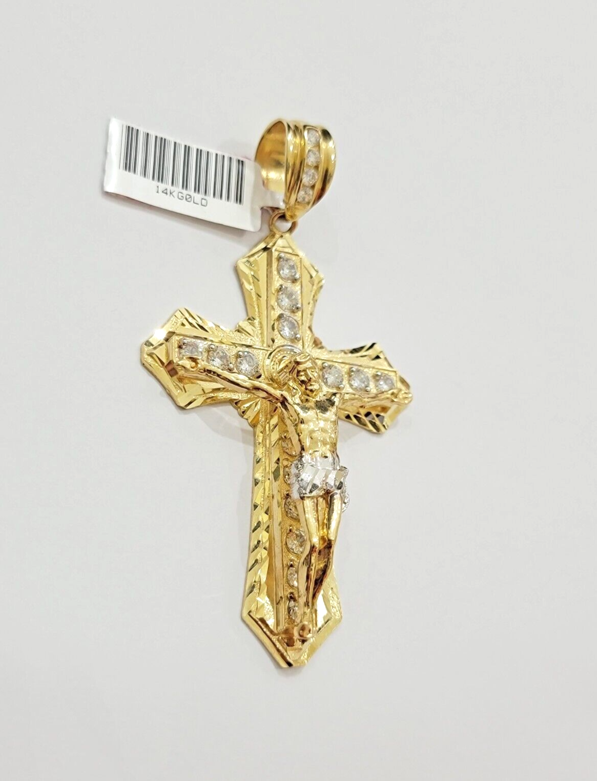 14k Yellow Gold Cross Jesus Crucifix Pendant 3 Inch 14kt CZ Charm Mens REAL 14kt