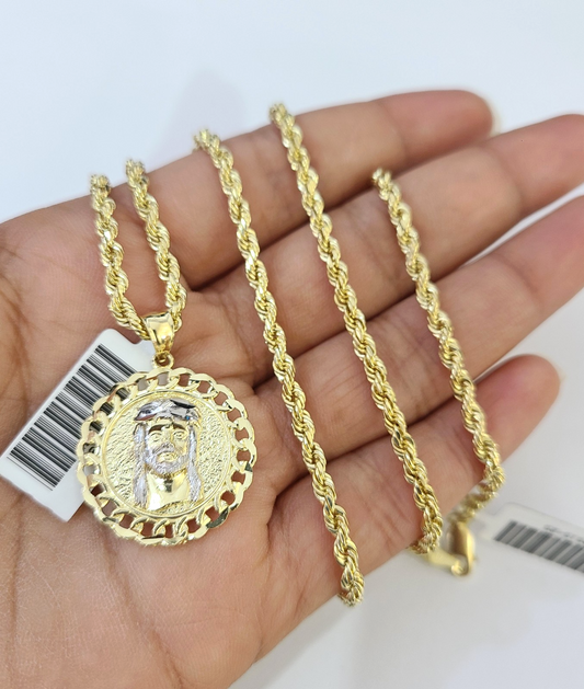 Real 10k Rope Chain Jesus Head Charm Necklace SET 3mm 18"-28" Pendant