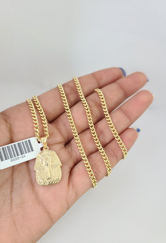 10k Gold Miami Cuban Chain Pharaoh Charm Pendant 3mm 18-28in Necklace Set