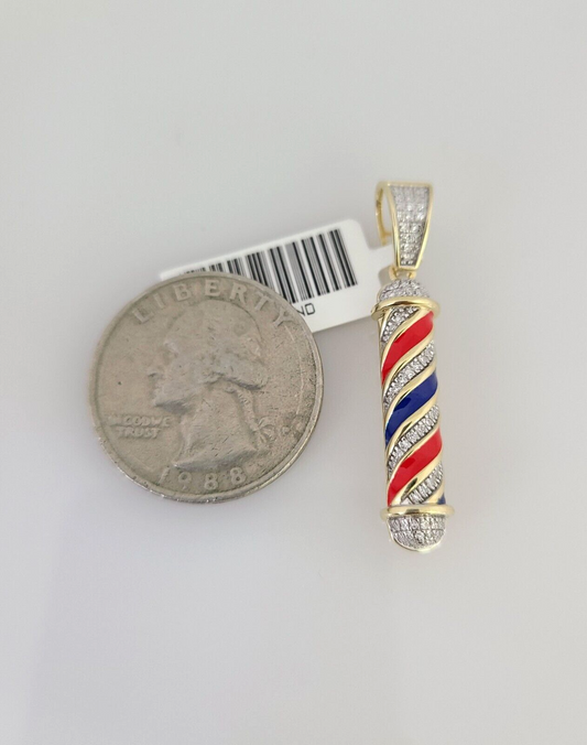 10k Yellow Gold Diamond Barber Shop Charm Real 10Kt Pendant Natural Genuine