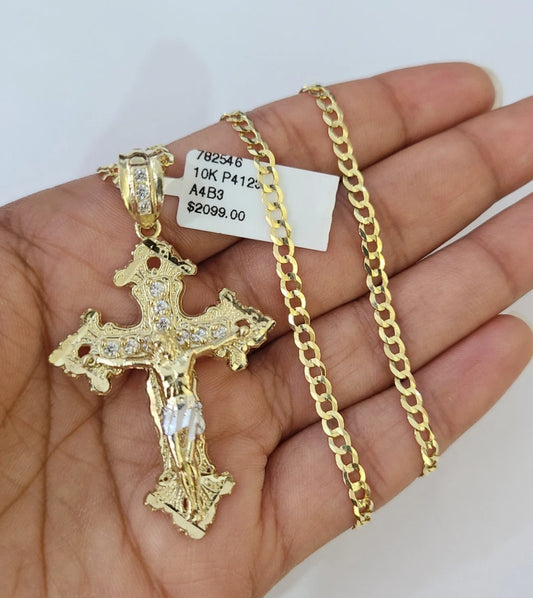 10k Yellow Gold Solid Cuban Curb Chain Jesus Cross Pendant Charm 3mm Necklace