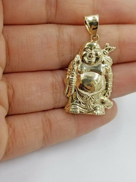 10k Gold 3mm Rope Chain Laughing Buddha Charm Pendant in 18 20 22 24 26 28 Inch