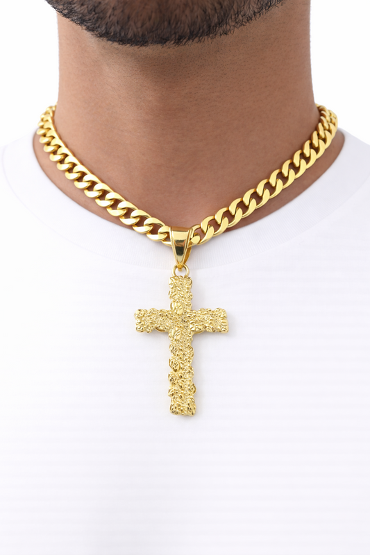10k Real Gold Cuban Curb Chain Nugget Christ Cross Pendant SET 8mm Necklace Men