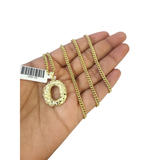 Real Gold 10k Chain Miami Cuban Link Necklace Pendant SET O Initial Charm 2.5mm