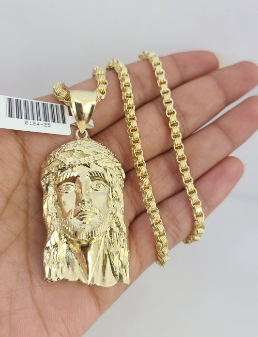 Real 10k Gold Byzantine Necklace Jesus Head Charm SET Chain 20"-30" 3mm Pendant